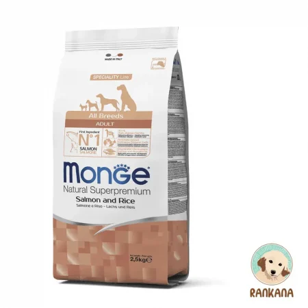 Bolsa de alimento seco Monge Natural Superpremium para perros adultos de todas las razas, sabor salmón y arroz, presentación de 2.5 kg.
