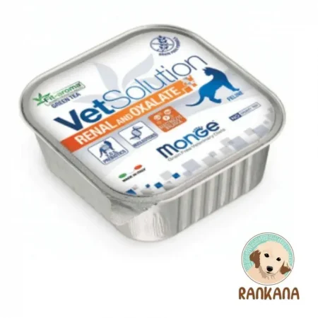 Tina de alimento húmedo medicado Monge VetSolution Renal and Oxalate para gatos con insuficiencia renal, formato de 100 g. La etiqueta muestra el logo de VetSolution para felinos y el beneficio Fit-aroma Té Verde.