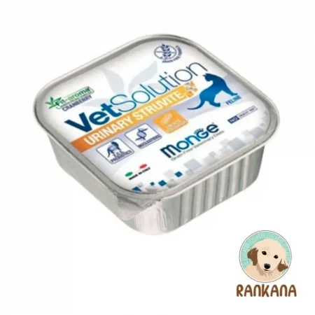 Tina de alimento húmedo medicado Monge VetSolution Urinary Struvite para gatos con problemas de cálculos urinarios, formato de 100 g. La etiqueta muestra el logo de VetSolution felino y el beneficio Fit-aroma Cranberry (Arándano rojo).