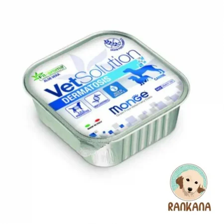 Tina de alimento húmedo medicado Monge VetSolution Dermatosis para perros con problemas de piel, formato de 150 g. La etiqueta muestra el logo de VetSolution y los beneficios Fit-aroma Aloe Vera.
