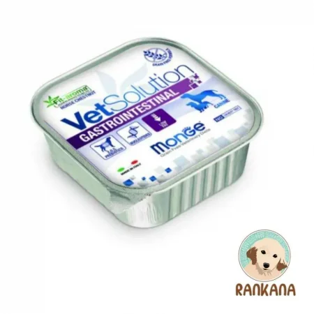 Tina de alimento húmedo medicado Monge VetSolution Gastrointestinal para perros con problemas digestivos, formato de 150 g. La etiqueta muestra el logo de VetSolution y el beneficio Fit-aroma Castaño de Indias.