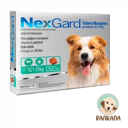 Antipulgas NexGard para perros de 10.1 a 25 kg, caja de 3 comprimidos masticables sabor carne.