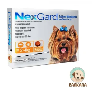 Antipulgas NexGard para perros pequeños de 2 a 4 kg, caja de 3 comprimidos masticables sabor carne.