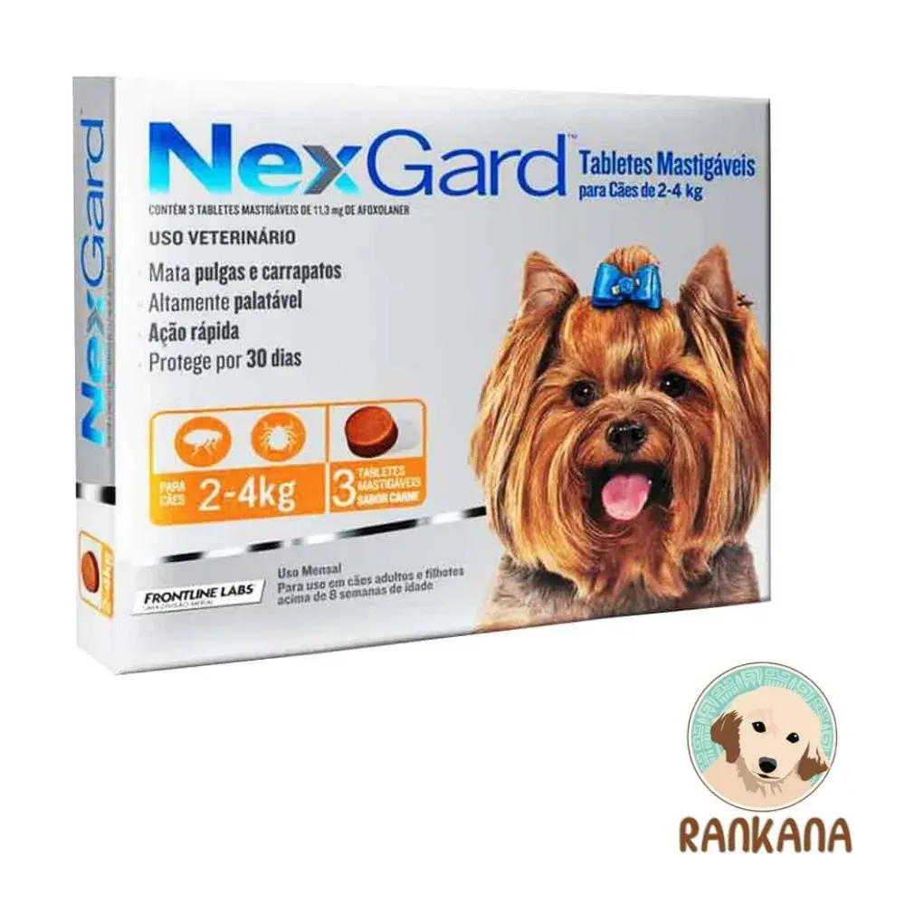 NexGard 2 a 4 kg - Tratamiento Mensual x 3 Antipulgas NexGard para perros pequeños de 2 a 4 kg, caja de 3 comprimidos masticables sabor carne.