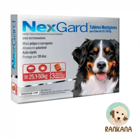 Antipulgas NexGard para perros grandes de 25.1 a 50 kg, caja de 3 comprimidos masticables sabor carne.