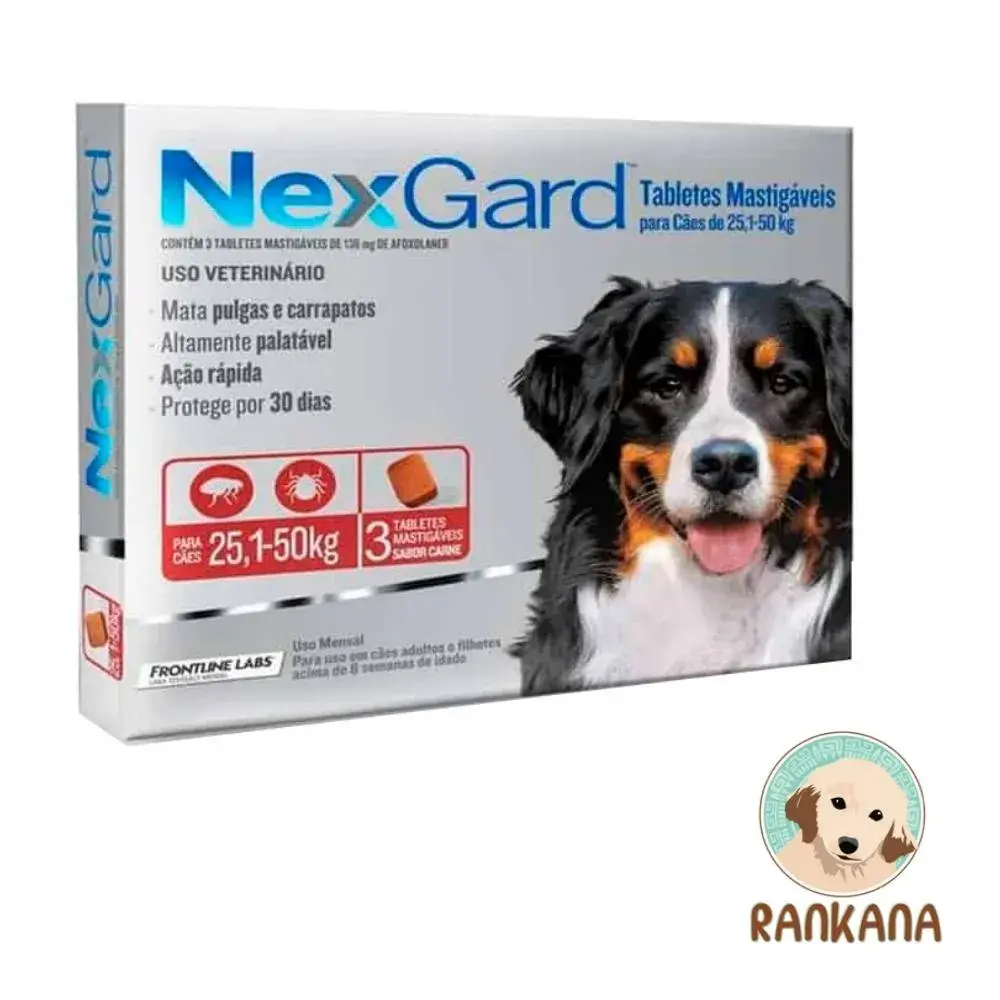 NexGard 25.1 a 50 kg - Tratamiento Mensual x 3 Antipulgas NexGard para perros grandes de 25.1 a 50 kg, caja de 3 comprimidos masticables sabor carne.