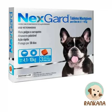 Caja de NexGard antipulgas y antigrapatas para perros de 4.1 a 10 kg, presentación de 3 comprimidos masticables sabor carne.