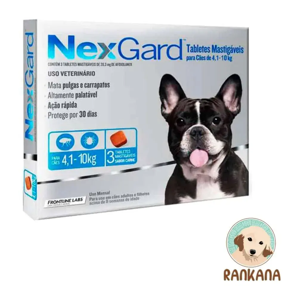 NexGard 4.1-10 kg (Caja de 3 Comprimidos) Caja de NexGard antipulgas y antigrapatas para perros de 4.1 a 10 kg, presentación de 3 comprimidos masticables sabor carne.