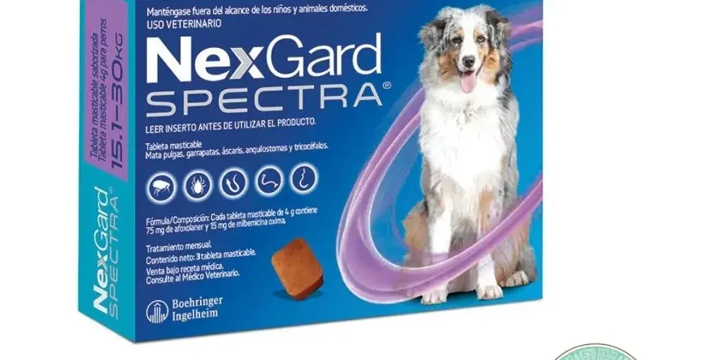 Caja de NexGard Spectra para perros de 15.1 a 30 kg, mostrando un perro Pastor Australiano, una tableta masticable, iconos de parásitos controlados, y el logo de Rankana en la esquina inferior.