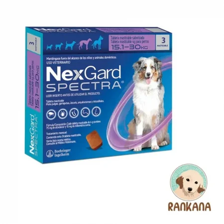 Caja de NexGard Spectra para perros de 15.1 a 30 kg, mostrando un perro Pastor Australiano, una tableta masticable, iconos de parásitos controlados, y el logo de Rankana en la esquina inferior.