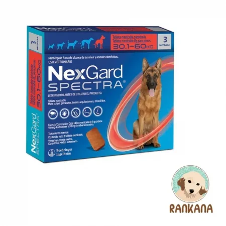 Caja de NexGard Spectra para perros medianos y grandes de 15.1 a 30 kg con 3 tabletas masticables y logo de Rankana.