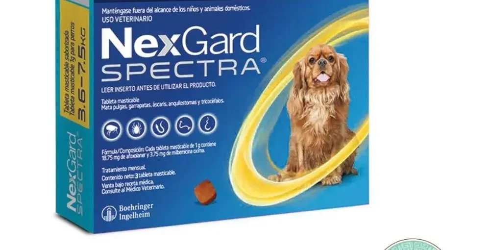 Caja de NexGard Spectra para perros de 3.6 a 7.5 kg con 3 tabletas masticables saborizadas y logo de Rankana.