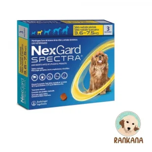 Caja de NexGard Spectra para perros de 3.6 a 7.5 kg con 3 tabletas masticables saborizadas y logo de Rankana.