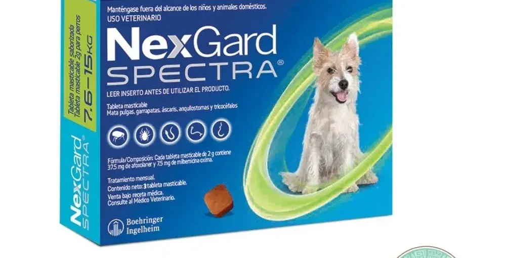 Caja de NexGard Spectra para perros de 7.6 a 15 kg, mostrando un perro Terrier, una tableta masticable, iconos de parásitos controlados, y el logo de Rankana en la esquina inferior.