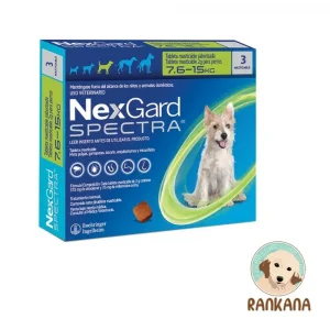 Caja de NexGard Spectra para perros de 7.6 a 15 kg, mostrando un perro Terrier, una tableta masticable, iconos de parásitos controlados, y el logo de Rankana en la esquina inferior.