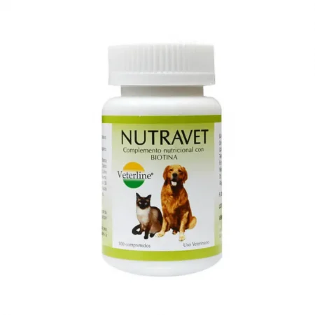 Nutravet Biotina de Veterline en frasco de 100 comprimidos, suplemento vitamínico para mejorar el pelaje y la piel en perros y gatos disponible en Rankana.