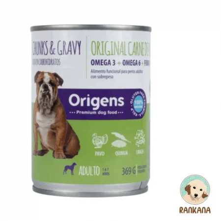 Lata de comida húmeda Origens Chunks & Gravy para perros adultos sabor pavo con quinua y linaza