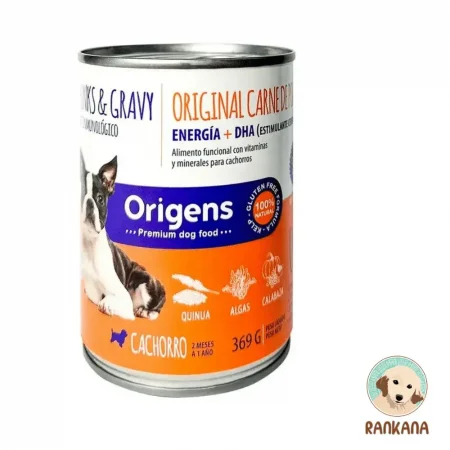Lata de comida húmeda Origens Chunks & Gravy para perros cachorros sabor pollo con quinua algas y calabaza