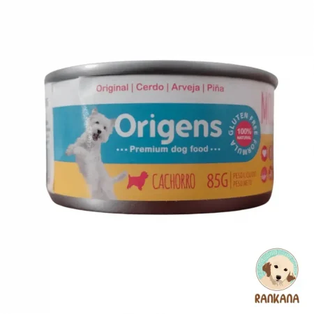 Lata de alimento húmedo Origens Mousse para cachorros sabor cerdo, arveja y piña de 85 gramos