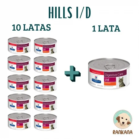 Promoción de 10 latas de comida húmeda Hills Prescription Diet I/D para gato de 156g más 1 lata gratis en Rankana.