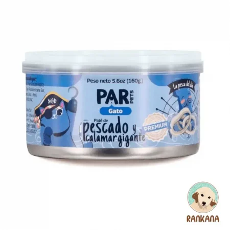 Lata de alimento húmedo Par Pets sabor pescado y calamar gigante para gatos de 160g.