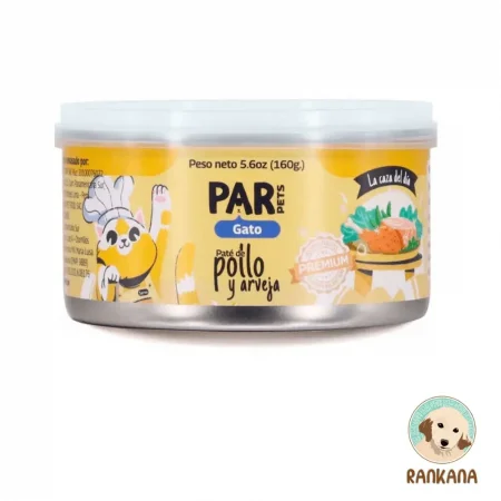 Lata de alimento húmedo Par Pets sabor pollo y arveja para gatos de 160g con tapa reusable.