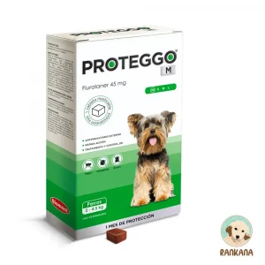 Caja de Proteggo 1M para perros de 2 a 4.5 kg con 1 tableta masticable, antipulgas y garrapatas de protección mensual (Fluralaner 45 mg) en Perú.