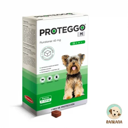 Caja de Proteggo 1M para perros de 2 a 4.5 kg con 1 tableta masticable, antipulgas y garrapatas de protección mensual (Fluralaner 45 mg) en Perú.
