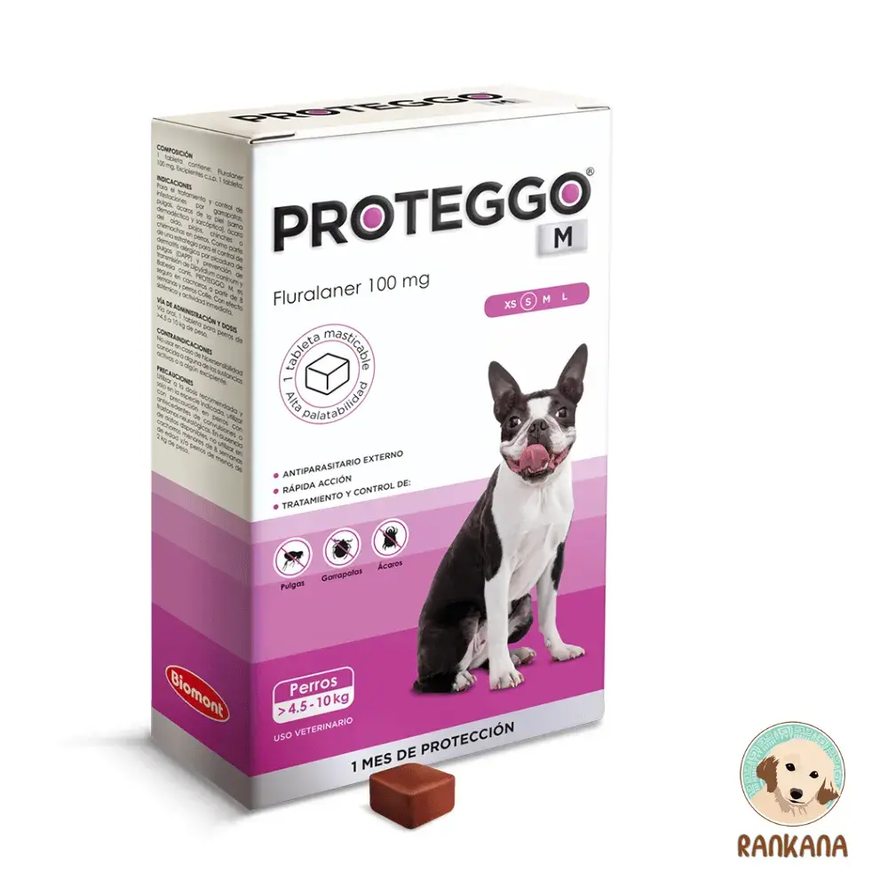 Proteggo 1M Mensual Perros Pequenos Medianos 4 5 10kg Rankana Perú Caja de Proteggo 1M para perros de 4.5 a 10 kg con 1 tableta masticable, antipulgas y garrapatas de protección mensual (Fluralaner 100 mg) en Perú.