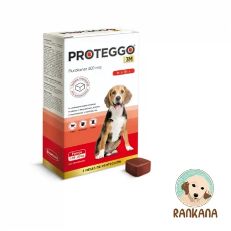Caja de Proteggo 3M para perros de 10 a 20 kg con 1 tableta masticable, antipulgas y garrapatas de protección trimestral (Fluralaner 500 mg) en Perú.
