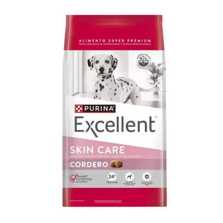 Bolsa de alimento para perros Purina Excellent Skin Care Adulto Piel Sensible Todas las Razas - Cordero x 3 kg, con un dálmata y detalles nutricionales como "24% proteína" y "Smart Nutrition".