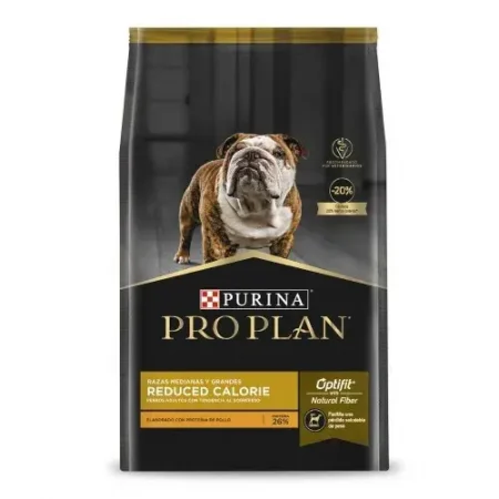 Saco de alimento para perros Purina Pro Plan Reduced Calories para razas medianas y grandes, formato 12 kg, con imagen de un Bulldog inglés.