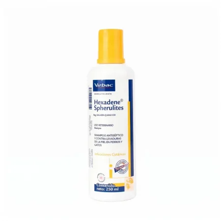 Shampoo antiséptico Hexadene Spherulites de Virbac de 250 ml para el tratamiento de infecciones cutáneas en perros y gatos.