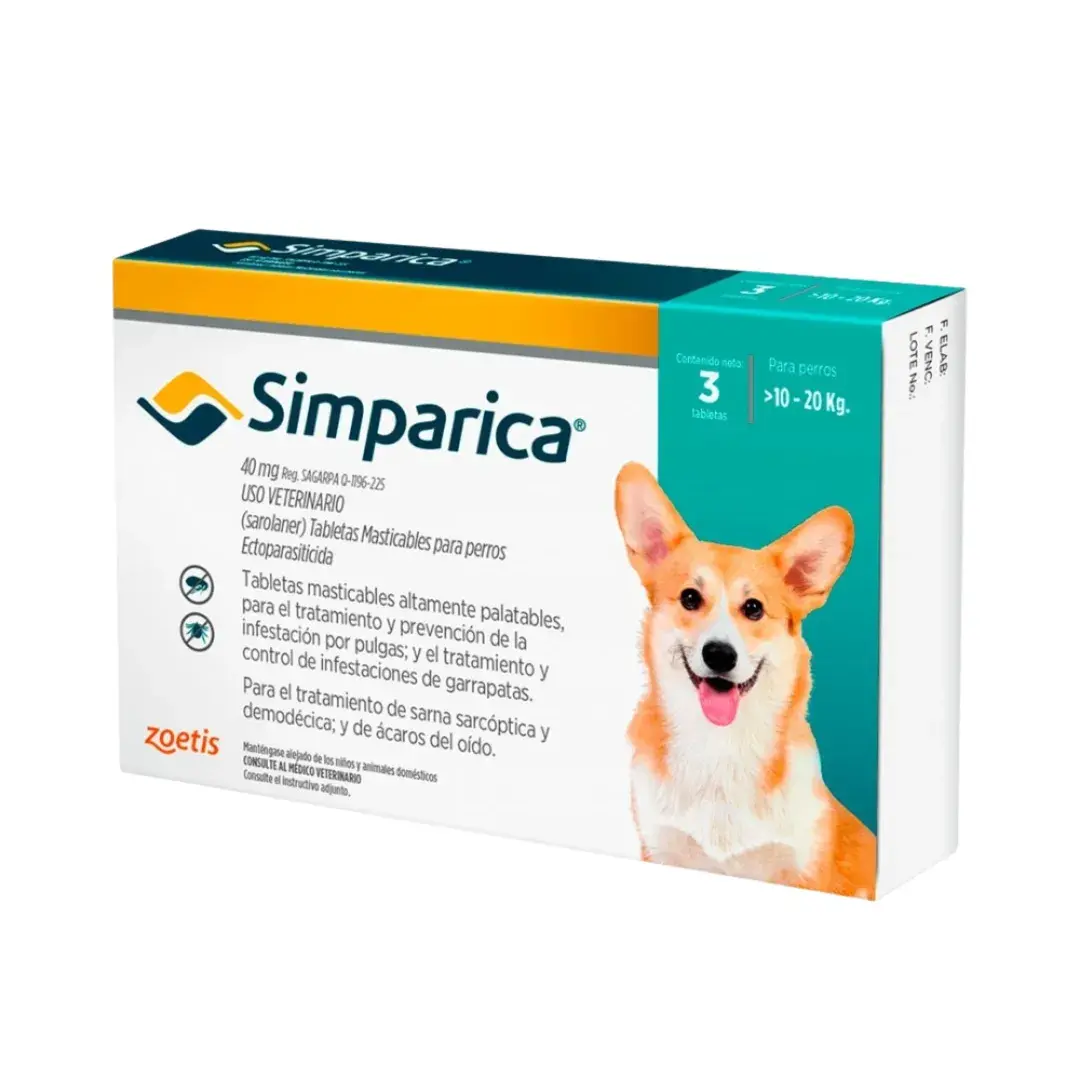 Simparica de 10 a 20 kg caja de 3 tabletas masticables para perros en Rankana Perú.