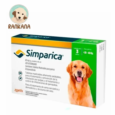 Caja de Simparica tabletas masticables para perros grandes de 20 a 40 kg. Antiparasitario externo mensual contra pulgas, garrapatas y sarna. Caja con 3 tabletas. Zoetis.