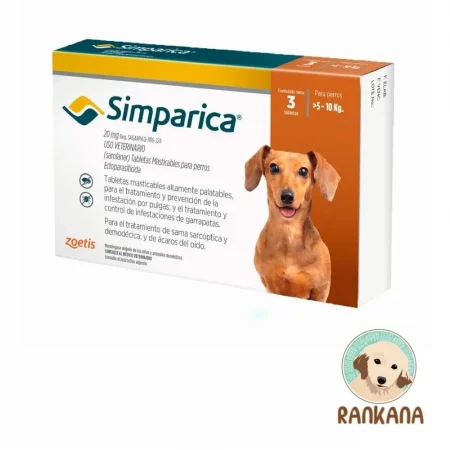 Caja de Simparica tabletas masticables para perros pequeños de 5 a 10 kg. Tratamiento para pulgas, garrapatas, sarna y ácaros. Caja con 3 tabletas. Zoetis.