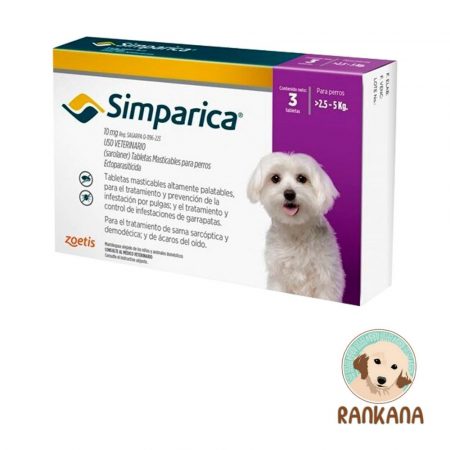 Caja de Simparica tabletas masticables para perros pequeños de 2.5 a 5 kg. Tratamiento para pulgas, garrapatas, sarna sarcóptica y ácaros del oído. Caja con 3 tabletas. Zoetis.