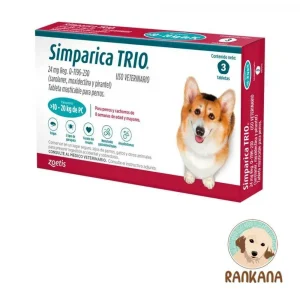 Caja de Simparica Trio para perros de 10 a 20 kg color turquesa con 3 tabletas masticables. Antipulgas, garrapatas y desparasitante interno de Zoetis.