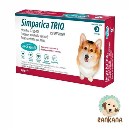 Caja de Simparica Trio para perros de 10 a 20 kg color turquesa con 3 tabletas masticables. Antipulgas, garrapatas y desparasitante interno de Zoetis.