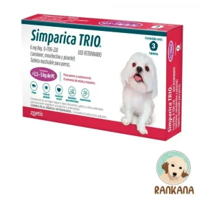 Caja de Simparica Trio para perros pequeños y cachorros de 2.5 a 5 kg. Tratamiento masticable mensual para pulgas, garrapatas y parásitos internos. Caja con 3 tabletas. Zoetis.