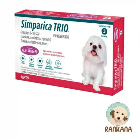 Caja de Simparica Trio para perros pequeños y cachorros de 2.5 a 5 kg. Tratamiento masticable mensual para pulgas, garrapatas y parásitos internos. Caja con 3 tabletas. Zoetis.