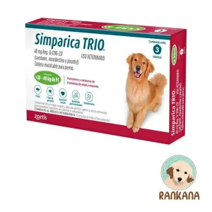 Caja de Simparica Trio para perros de 20 a 40 kg, tratamiento masticable contra pulgas, garrapatas y gusanos. Contiene 3 tabletas.