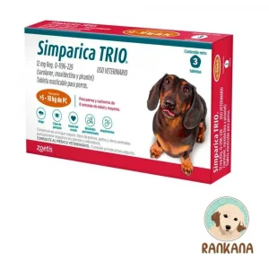 Caja de Simparica Trio para perros de 5 a 10 kg. Antiparasitario masticable mensual para pulgas, garrapatas y parásitos internos. Caja con 3 tabletas. Zoetis.