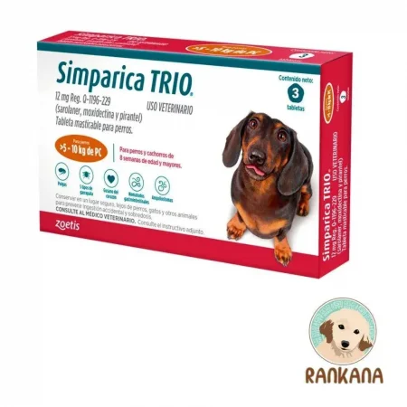 Caja de Simparica Trio para perros de 5 a 10 kg. Antiparasitario masticable mensual para pulgas, garrapatas y parásitos internos. Caja con 3 tabletas. Zoetis.