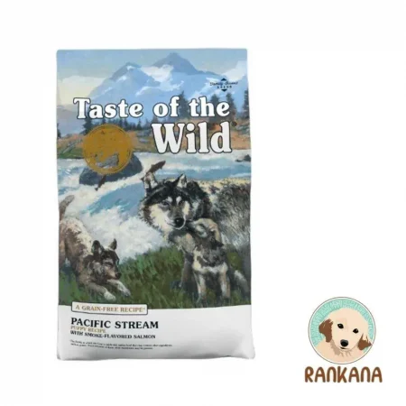 Saco de 12.2 kg de alimento Taste of the Wild Pacific Stream Puppy Formula, receta con salmón ahumado, libre de granos, para cachorros.