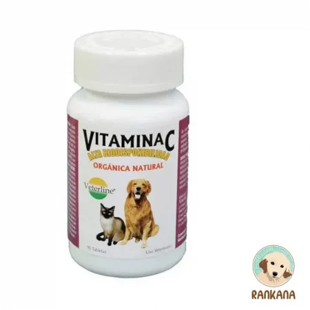Frasco de Vitamina C Veterline de 90 tabletas, suplemento orgánico natural de alta biodisponibilidad para perros y gatos en Rankana.