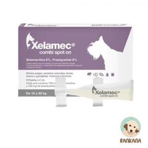 Caja de Xelamec COMBI para perros de 10 a 20 kg. El empaque es púrpura con blanco y muestra una pipeta de 2 mL. Detalla su fórmula con Selamectina 6% y Praziquantel 8% para parásitos internos y externos. Incluye el logo de Rankana.