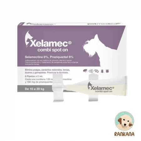 Caja de Xelamec COMBI para perros de 10 a 20 kg. El empaque es púrpura con blanco y muestra una pipeta de 2 mL. Detalla su fórmula con Selamectina 6% y Praziquantel 8% para parásitos internos y externos. Incluye el logo de Rankana.