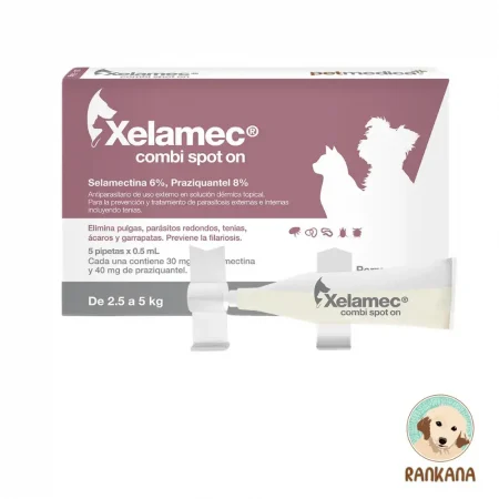 Caja de Xelamec Combi Spot On para mascotas de 2.5 a 5 kg. Muestra una pipeta blanca, siluetas de un perro y un gato, y detalla su fórmula con Selamectina 6% y Praziquantel 8%. Incluye el logo de Rankana.