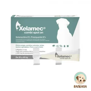 Caja de Xelamec COMBI para perros grandes de 20 a 40 kg. El empaque es de color verde azulado y blanco, muestra una pipeta de 4 mL y la silueta de un perro grande. Detalla su fórmula con Selamectina y Praziquantel. Incluye el logo de Rankana.